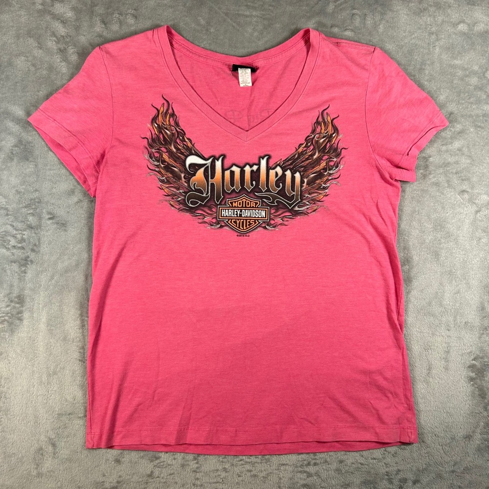 Harley Davidson Womens Pink V-Neck Graphic T-Shirt Big Barn Des Moines Iowa M